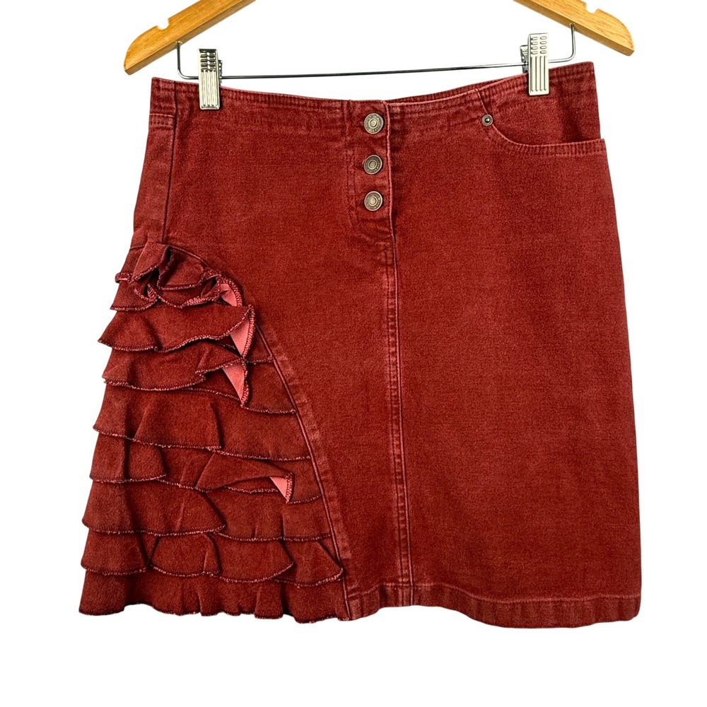 Fornarina Denim Mini Skirt Red Ruffle Button Fly Made in Italy‎ Size Medium